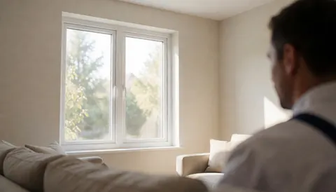 Installer working on newly installed double glazed window in living room with natural light and beige walls