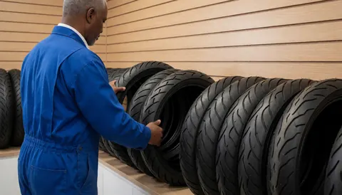 A mechanic wearing a blue face mask inspects motorcycle tires in a workshop with a wooden wall and visible products.