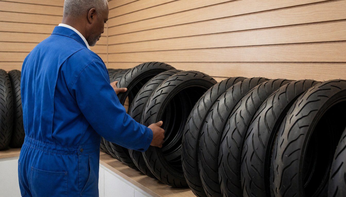 A mechanic wearing a blue face mask inspects motorcycle tires in a workshop with a wooden wall and visible products.
