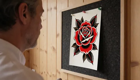 Profile view of a man looking at a rose tattoo design pinned to a cork board against a wooden wall.