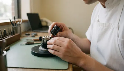 Watchmaker inspecting a watch movement with a magnifying glass in a well-lit workshop with organized tools in the background