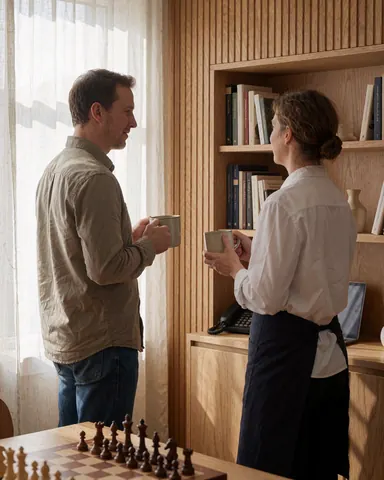 Two adults holding coffee cups conversing beside a chessboard in a wooden library with natural light