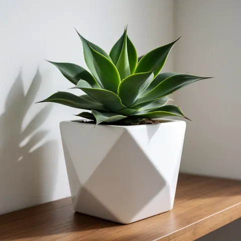 Green agave in a geometric white ceramic pot on a wooden shelf against a white wall with natural window light