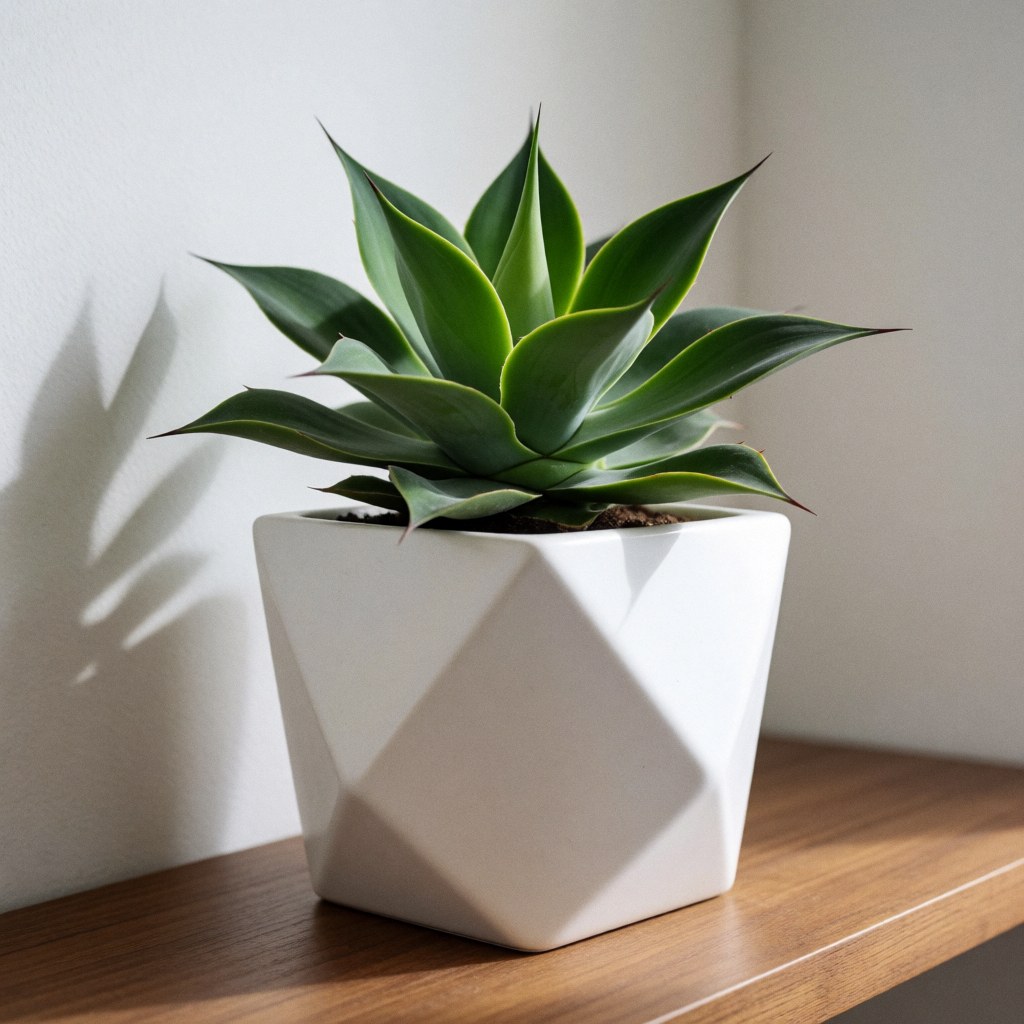 Green agave in a geometric white ceramic pot on a wooden shelf against a white wall with natural window light
