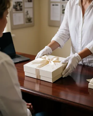A wedding planner wearing white gloves delivers a ribbon-wrapped gift box to a seated client in an office.