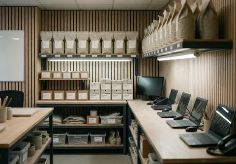 Organized pottery studio shelves stocked with clay and glazes, featuring wooden walls and LED lighting for a professional workspace.