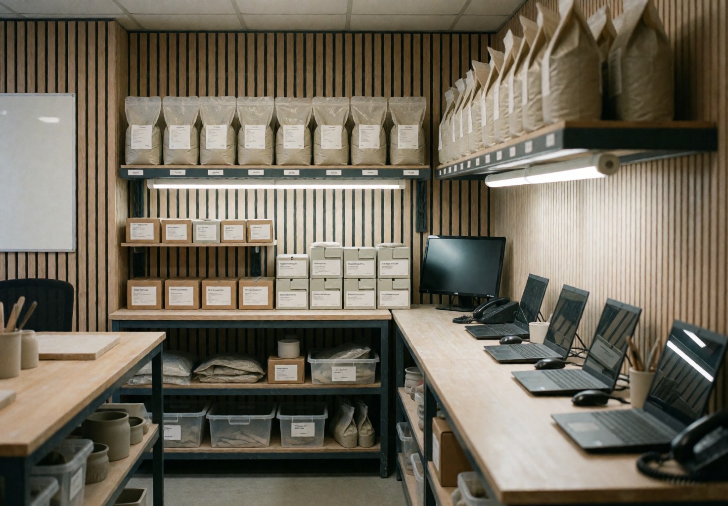 Organized pottery studio shelves stocked with clay and glazes, featuring wooden walls and LED lighting for a professional workspace.