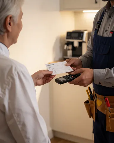Kitchen appliance repair technician hands a warranty card and remote to a customer in a modern kitchen.