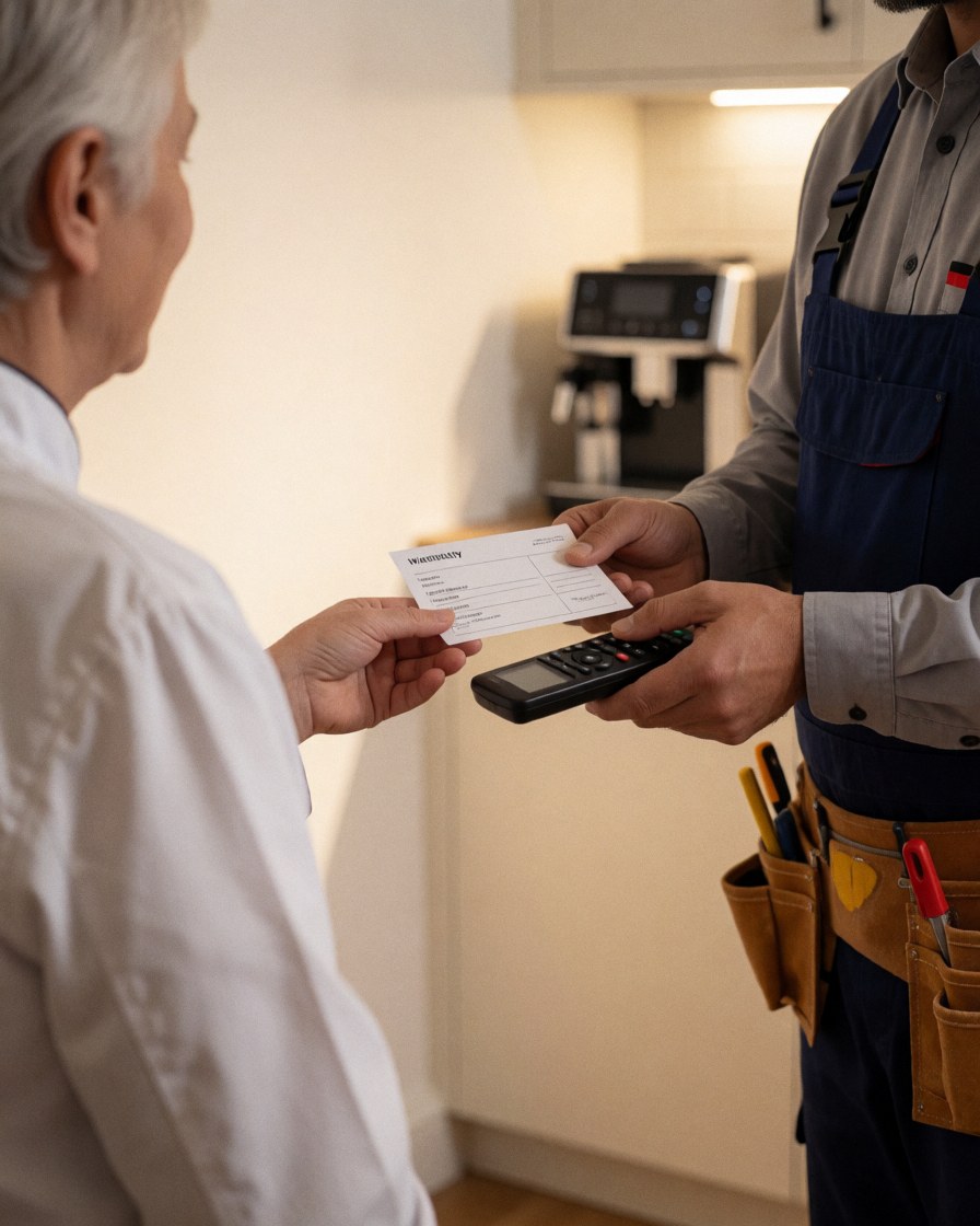 Kitchen appliance repair technician hands a warranty card and remote to a customer in a modern kitchen.