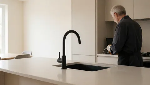 Plumber installing a black faucet in a modern kitchen with white walls and clean cabinetry, illustrating professional pipe repair services.