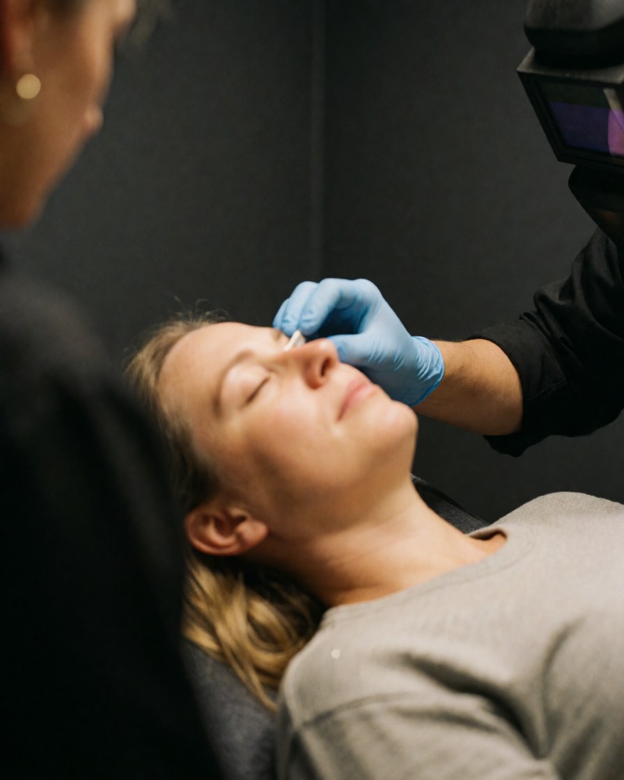 Close-up of a technician wearing blue gloves applying ointment near closed eyes during a microblading aftercare session in a salon with gray walls