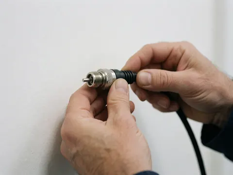 Close-up of hands tightening a metal coaxial connector onto a black cable against a white wall, a technical detail for television repair.