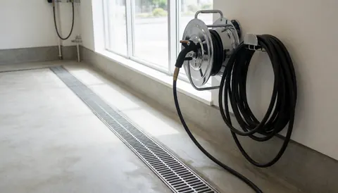 Metal drainage channel in a car wash area with a high-pressure hose and large window letting in natural light