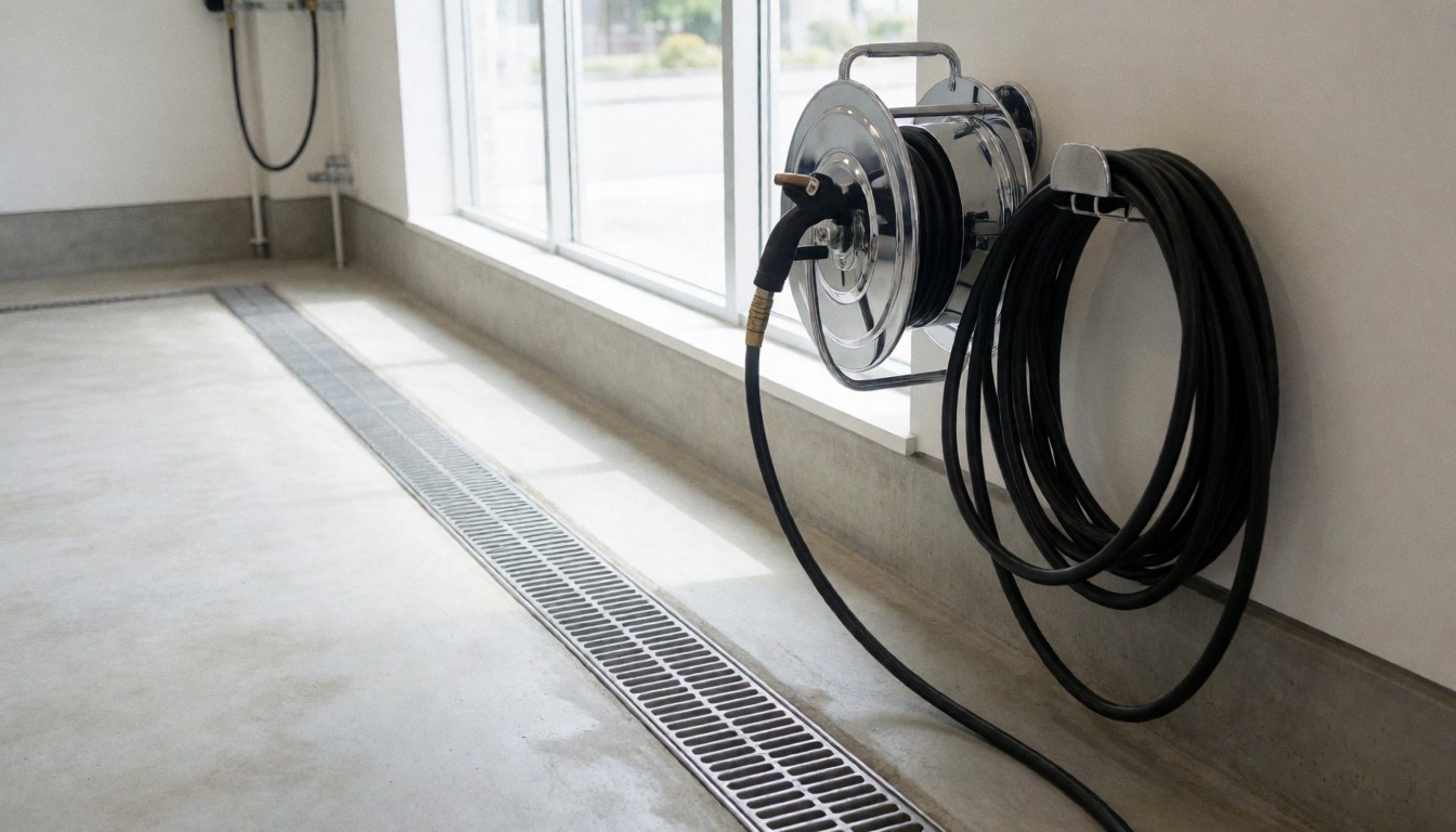 Metal drainage channel in a car wash area with a high-pressure hose and large window letting in natural light