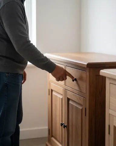 Close-up of a customer's hand examining the grain and black pull handle of a wooden drawer in a furniture store.