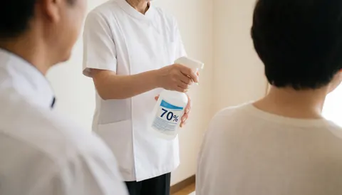 Therapist in white uniform sanitizing cupping massage area with alcohol spray, client back view, warm white walls