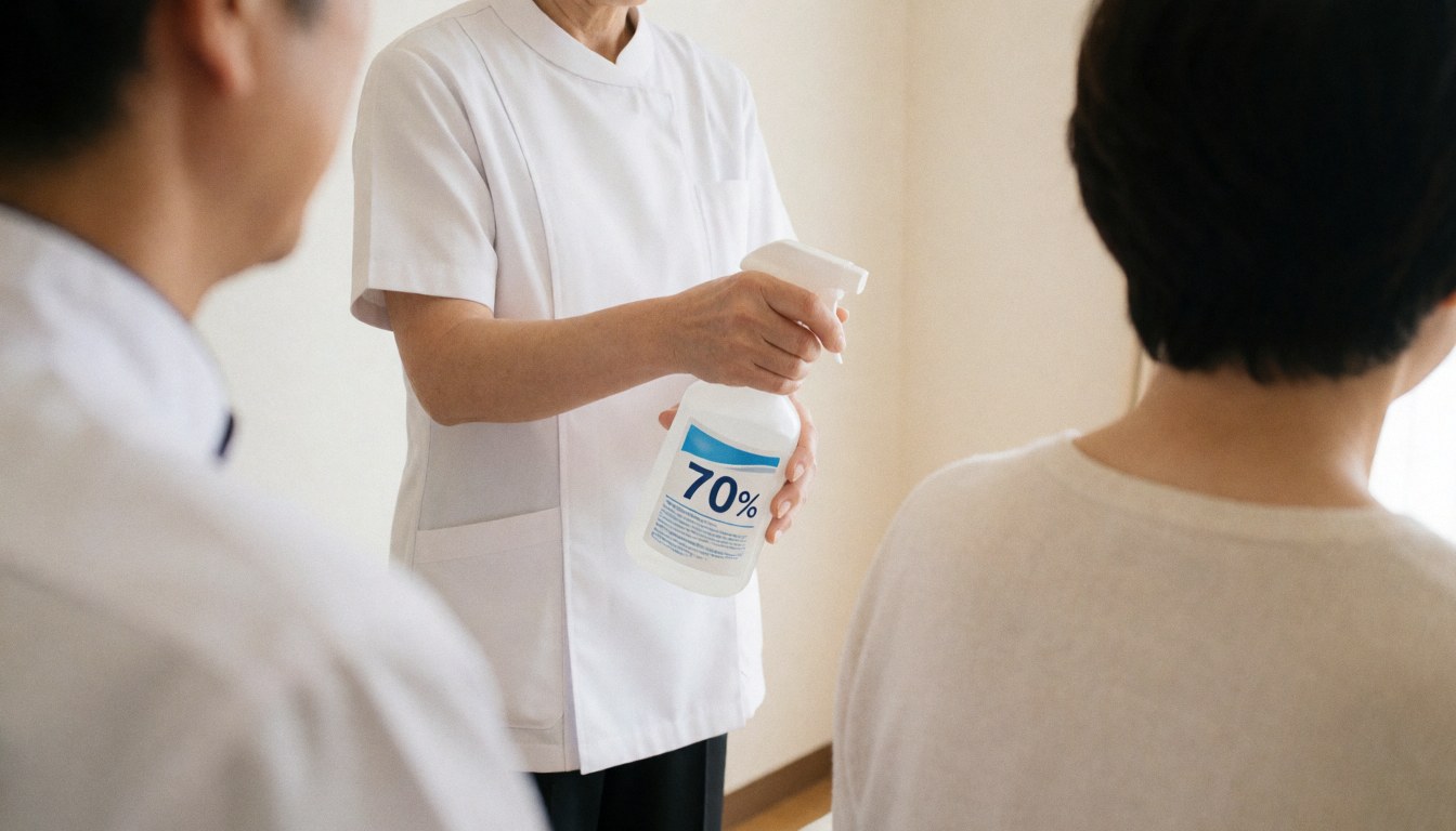 Therapist in white uniform sanitizing cupping massage area with alcohol spray, client back view, warm white walls