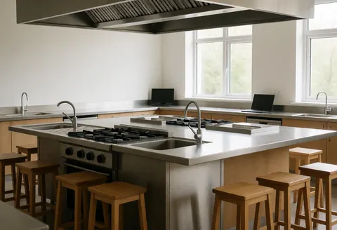 Modern community kitchen featuring a central stainless steel island, sinks, gas ovens, and wooden chairs illuminated by natural light.
