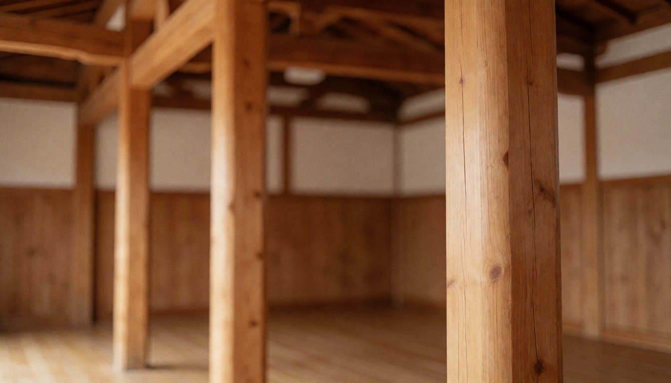 Close-up view of wooden beams in an empty dojo with wooden walls and floor, suitable as a text background for martial arts school websites.