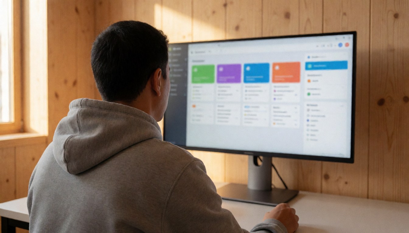 Back view of person using computer in workspace with light wood walls and natural light, ideal for programming course
