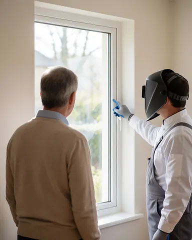 Worker wearing a welding helmet points to newly installed glass in a white window frame while a client watches from behind in a bright room.