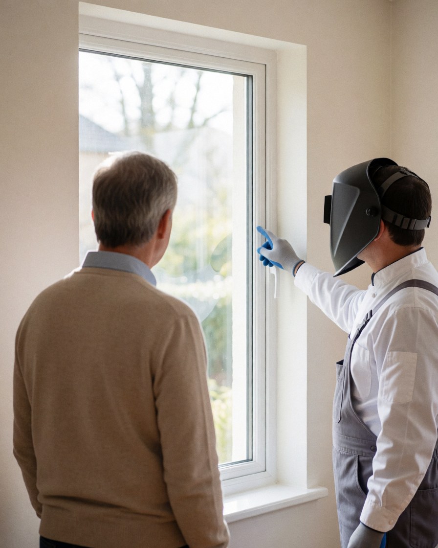 Worker wearing a welding helmet points to newly installed glass in a white window frame while a client watches from behind in a bright room.