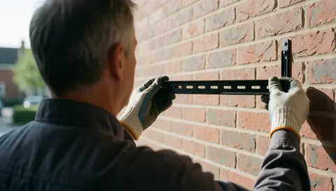 Worker installing metal awning mount on red brick wall under natural light