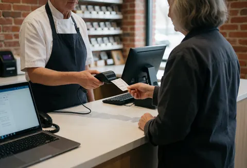 Cashier in uniform assists customer paying with card at register in clean modern store with brick wall