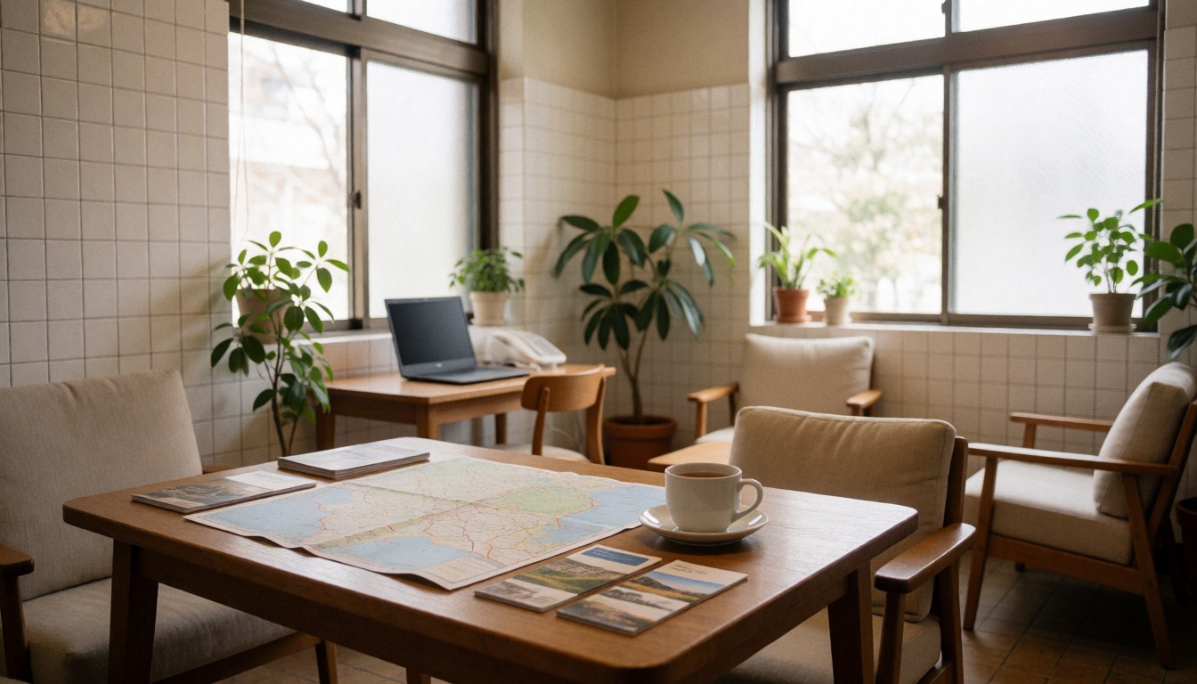 Cozy bed and breakfast dining room featuring a tea cup, map, and brochures near bright windows with plants
