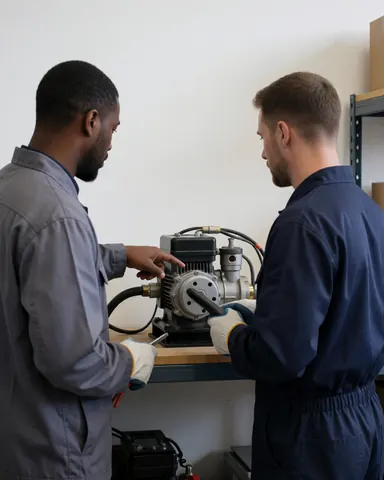 Two technicians inspecting a hydraulic machine in an industrial workshop with shelves and white walls, showing elevator repair service.