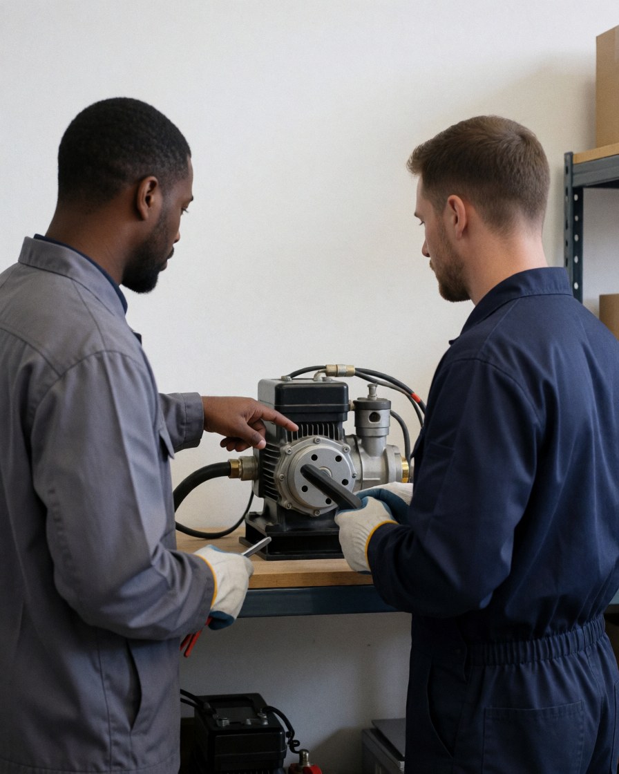 Two technicians inspecting a hydraulic machine in an industrial workshop with shelves and white walls, showing elevator repair service.