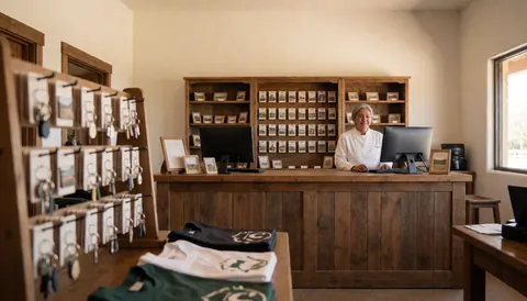 Gift card with keys and t-shirts on a counter with a laptop, light walls, and natural light
