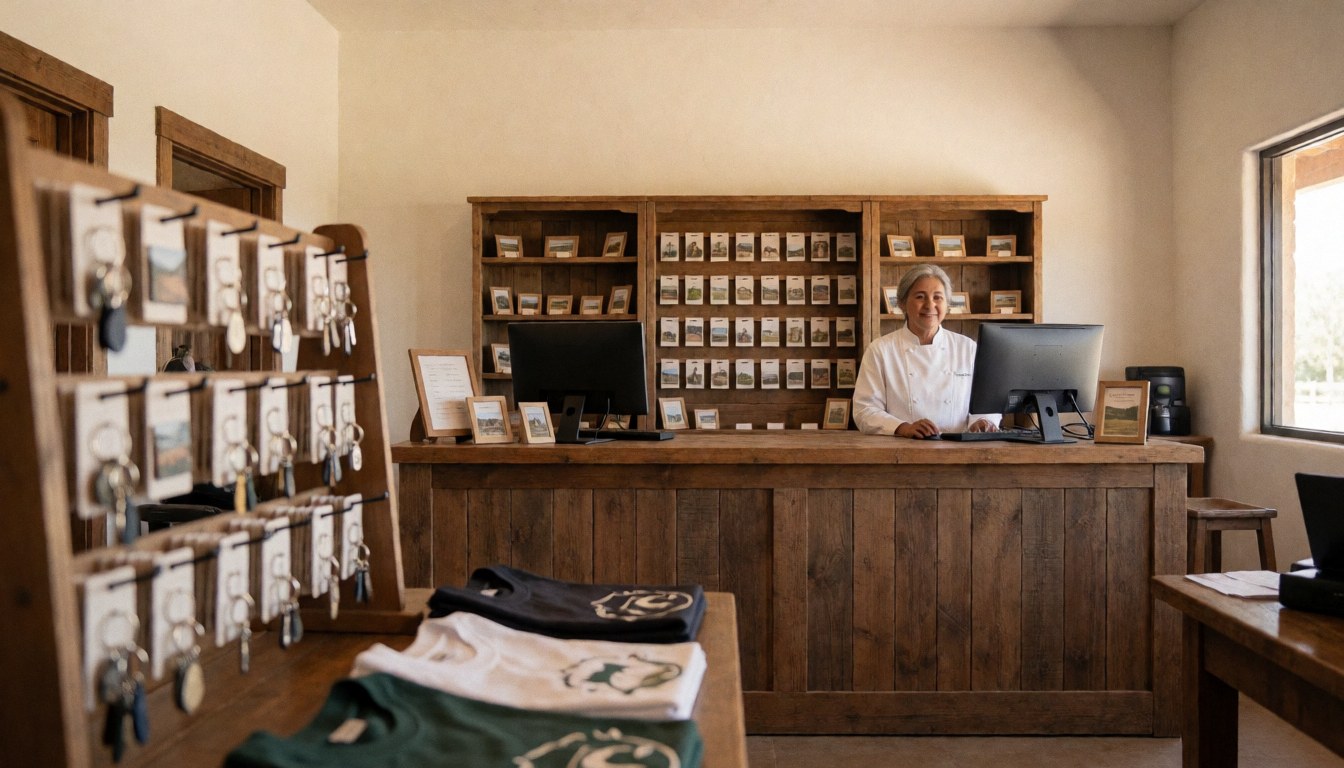 Gift card with keys and t-shirts on a counter with a laptop, light walls, and natural light