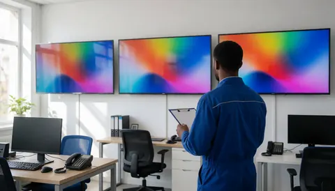 Technician in blue uniform checks three large lit screens in a modern workshop with natural light.
