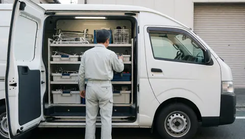 Technician checking tools inside an open white service van for dishwasher repair business website