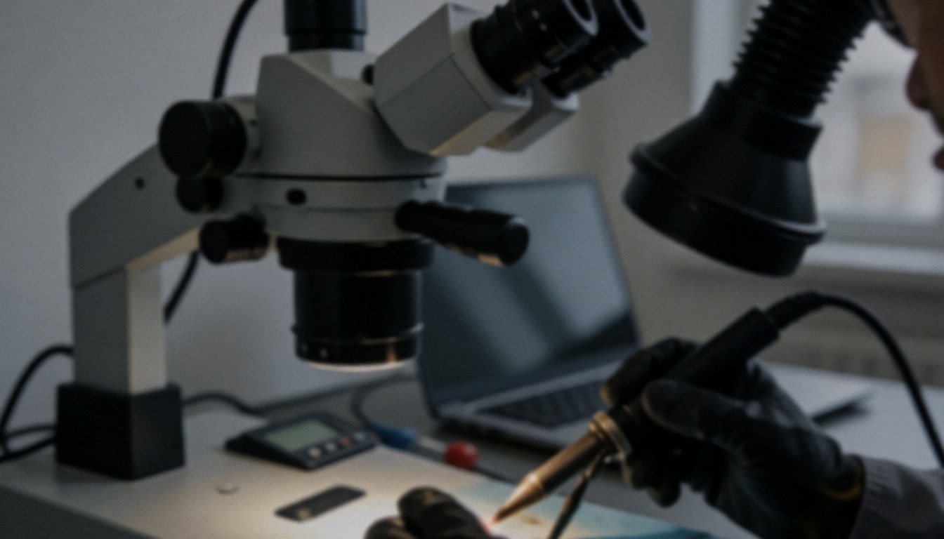 Close-up of a digital microscope and soldering iron on a workbench, providing a technical background for cell phone repair services.