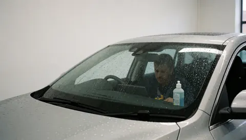 A professional worker applies rain repellent to the wet windshield of a car in a car wash facility, ensuring clear and clean glass.