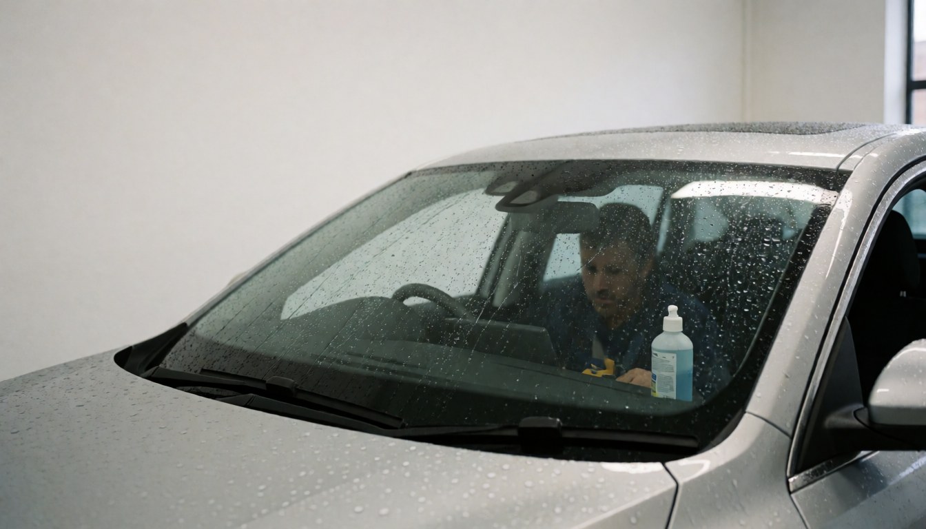 A professional worker applies rain repellent to the wet windshield of a car in a car wash facility, ensuring clear and clean glass.