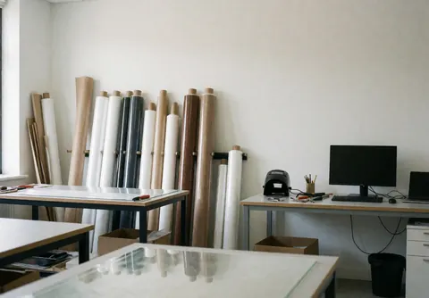 Laminated film rolls, work tables, computer, white walls, and natural light in a printing workshop