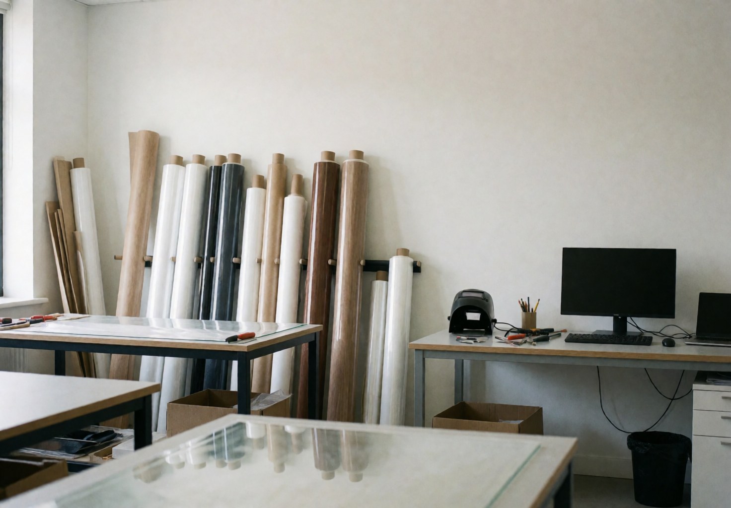 Laminated film rolls, work tables, computer, white walls, and natural light in a printing workshop
