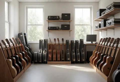 Guitars displayed on wooden shelves in a music store with guitar cases and windows letting in natural light.