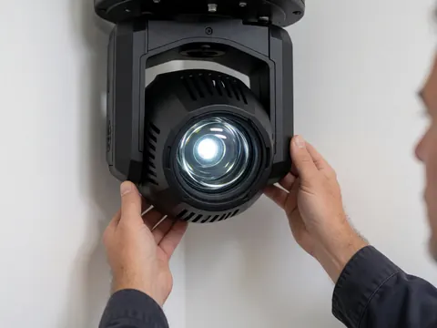Close-up of hands adjusting the lens on a professional event lighting fixture, showing ventilation slots and a white background.