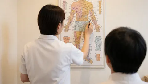 A reflexologist in a white uniform uses a pencil to indicate a specific area on a wall-mounted reflexology body map while a client watches.