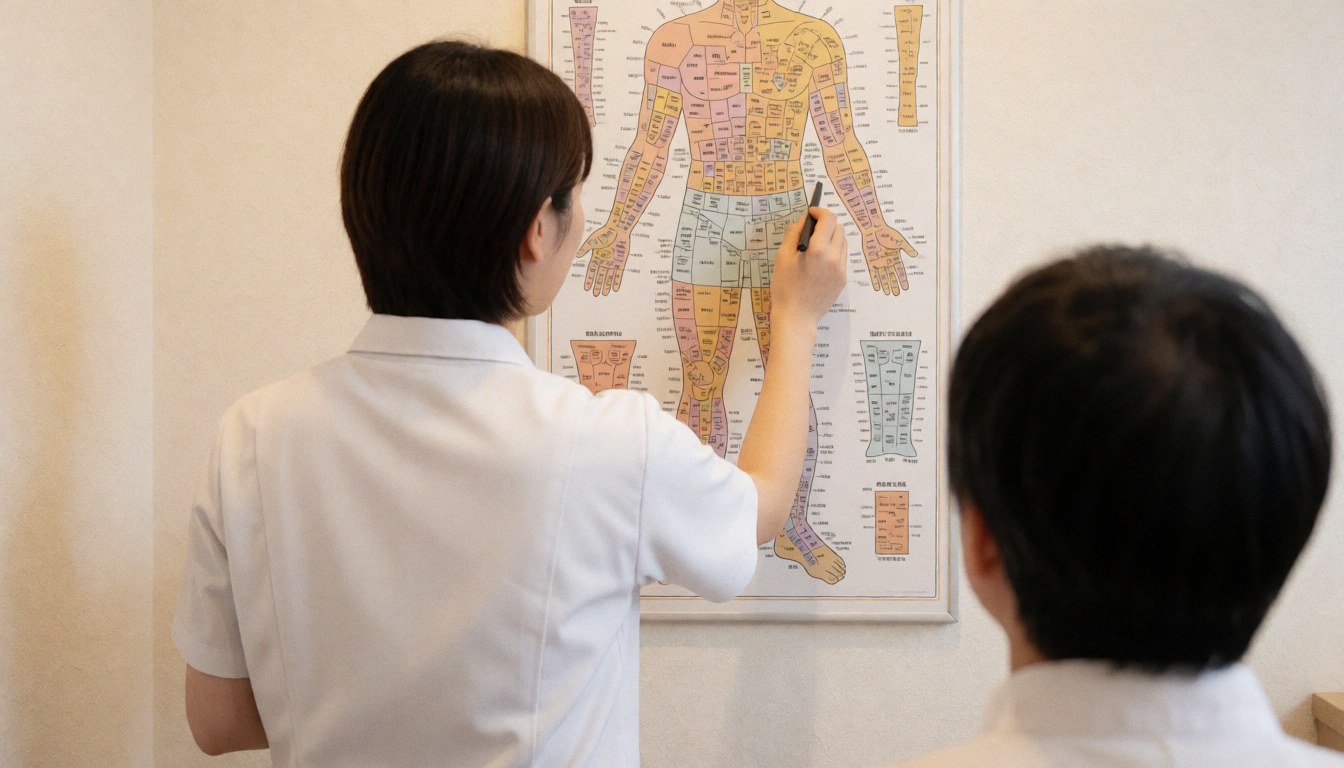 A reflexologist in a white uniform uses a pencil to indicate a specific area on a wall-mounted reflexology body map while a client watches.