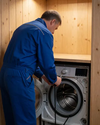 Technician in blue uniform installing a belt on a washing machine with a wooden panel, depicting a repair scene.