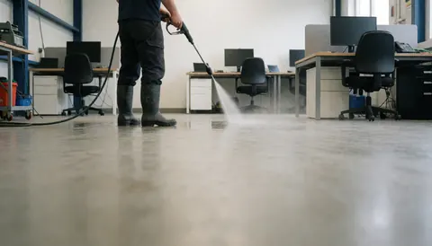 Worker in rubber boots cleaning a concrete floor with a pressure washer in an industrial office setting with desks and monitors.