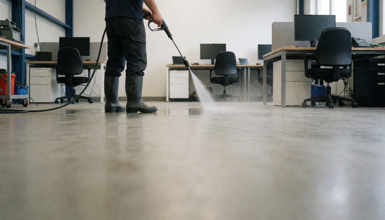 Worker in rubber boots cleaning a concrete floor with a pressure washer in an industrial office setting with desks and monitors.