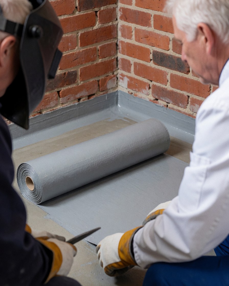 Workers applying gray waterproof membrane on cement floor in a bathroom corner with red brick walls.