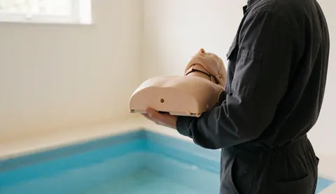 Swimming coach holding a CPR manikin beside a blue pool, demonstrating professional posture for web use