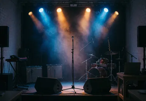 Concert stage featuring a central microphone, drum kit, speakers, and stage lights illuminating smoke against white brick walls